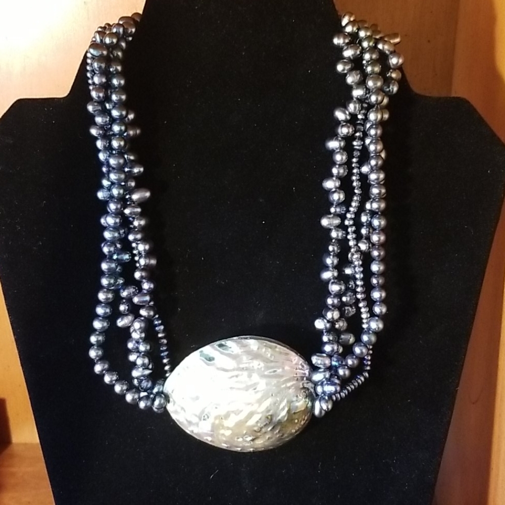 Four-strand freshwater black pearl necklace